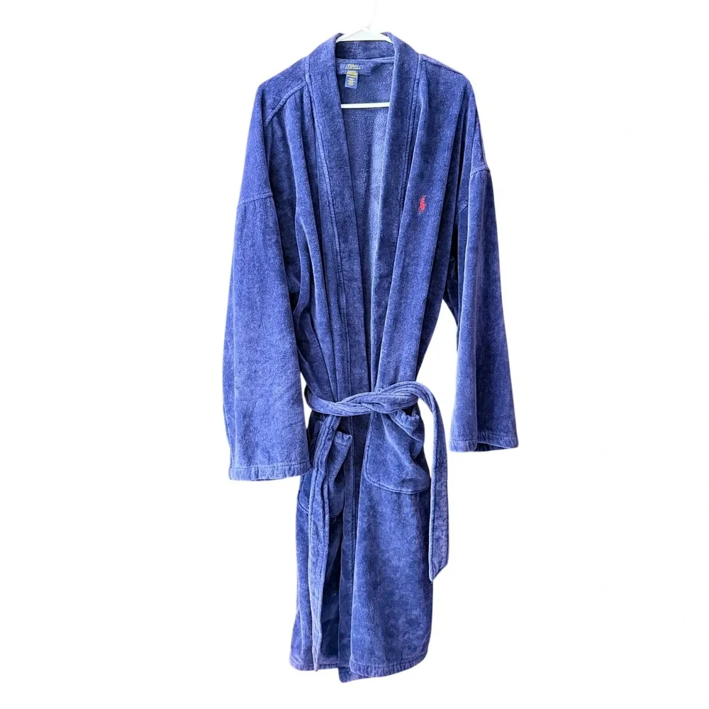 Polo Ralph Lauren Mens L/XL Navy Blue Velour Bathrobe Shawl Collar Pony Logo